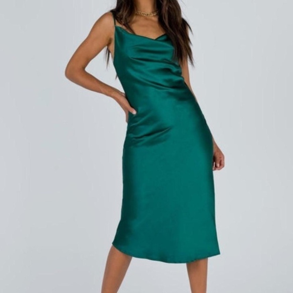 Princess Polly Cowl Neck Satin Slip Cami Midi Dress in Emerald Green US Size 2